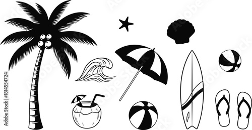 Hand drawn summer beach icons black and white vector illustration