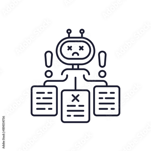 AI hallucination icon with incorrect information, false data and robot, line design