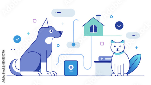 Smart home system connected to cat and dog with technology and network icons in flat style illustration