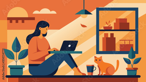 Woman working on laptop at home with cat sitting nearby in cozy interior with warm colors and plants