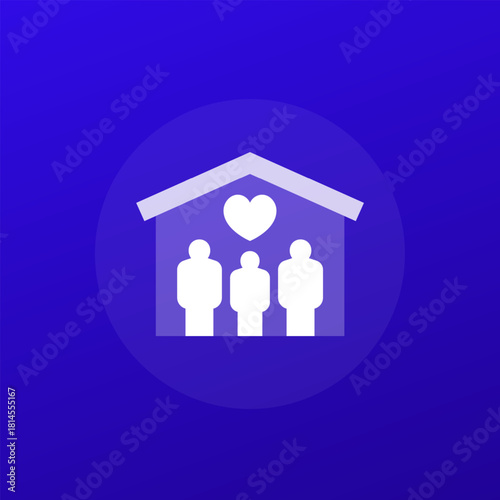 Shelter icon with people, house and heart, transparent design