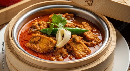 Delicious chicken curry dish served in wooden steamer basket