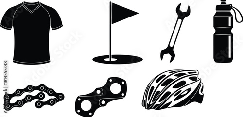 Black and white bicycle equipment and accessories illustration set
