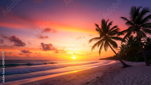 Fototapeta Naklejka Na Ścianę i Meble -  Dramatic, vibrant sunset over a tropical beach with palm tree silhouettes swaying against the orange, pink, and purple sky.