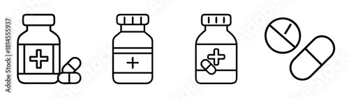 Medicine pill bottles and pills medical healthcare outline icons