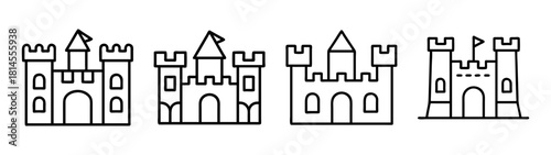 Castle fortress outline icons set, medieval architecture symbols