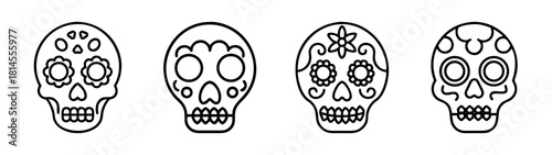 Decorative sugar skull line icons for day of the dead celebration