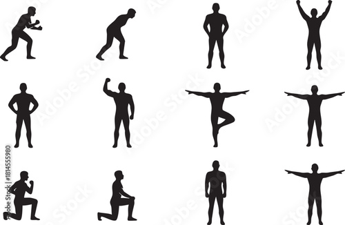 Collection of black silhouettes depicting men in various active and static poses, illustrating fitness, movement, and human form