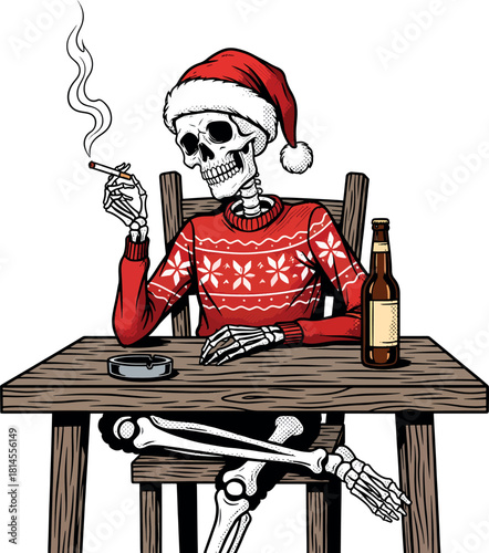 Christmas Skeleton Smoking and Drinking Vector