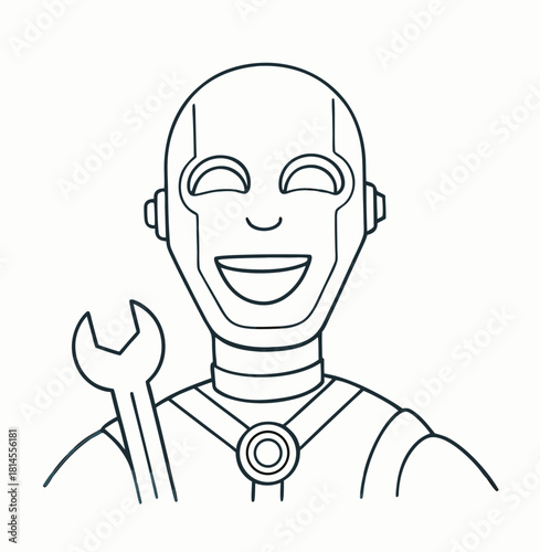 Smiling robot holding a wrench in line art style for industrial and technology themes