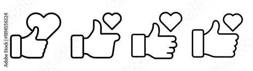 Social media like and love reaction button outline icons set