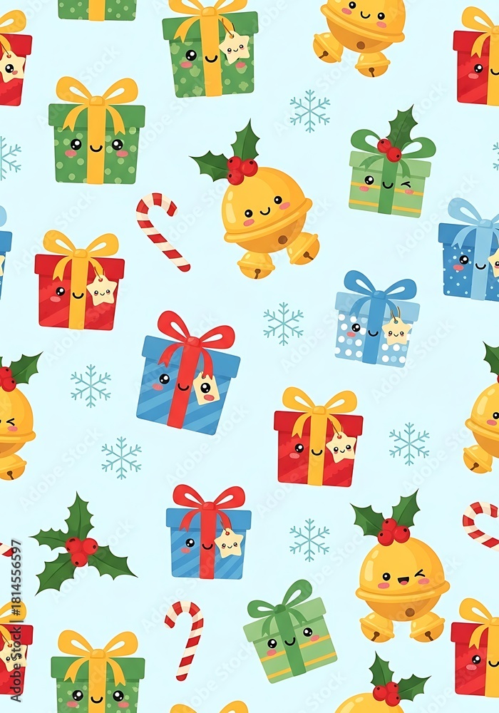 Obraz premium Festive Christmas pattern with gifts, bells, candy canes and snowflakes.