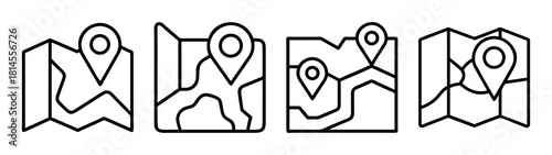 Outline map icons with pinpoint location markers for directions