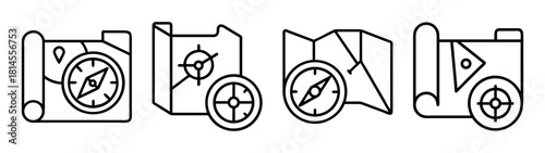 Navigation and travel line icons set with maps and compasses