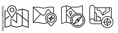 Map and navigation line icons: location, compass, target, journey