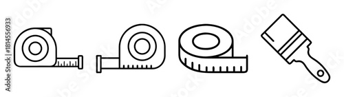 Construction measuring tape and paint brush outline icons set