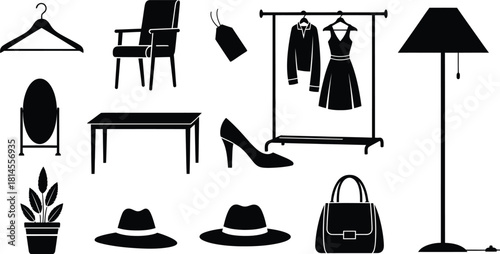 Black and white silhouette of closet items and home decor