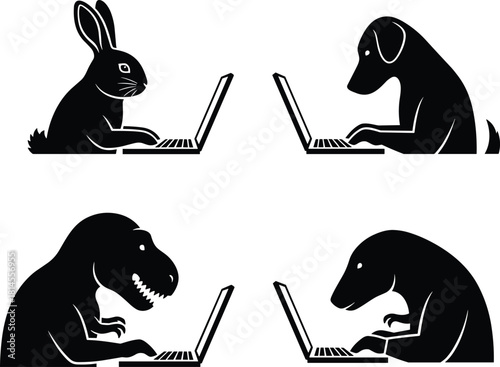 Funny animal and dinosaur silhouettes working on laptop computers, modern and humorous concept set of rabbit, dog, T-Rex, and mole doing digital work.Funny animal and dinosaur silhouettes working 