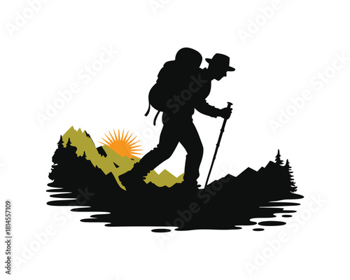 Hiker silhouette trekking mountains with backpack and walking stick at sunrise