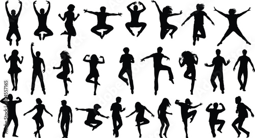 Jumping, dancing, and celebrating people silhouettes set, happy young men and women in various active poses, isolated on white background for design.