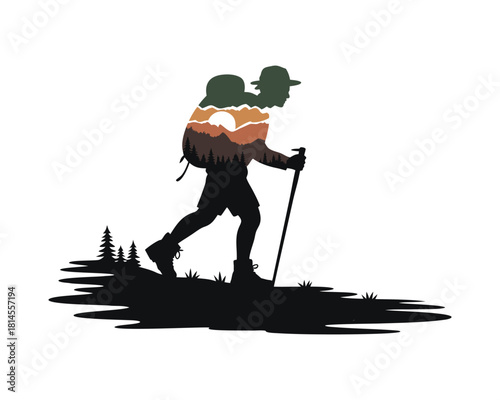 Hiker silhouette with mountain and forest landscape inside, adventure concept
