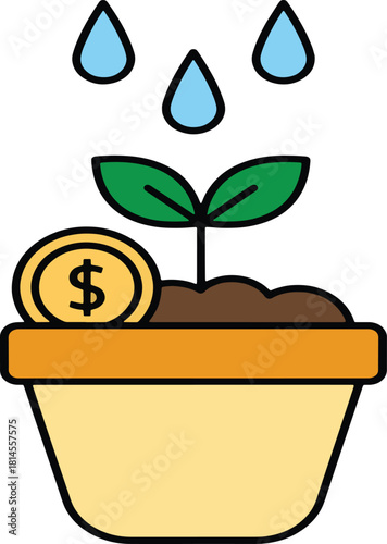 Illustration of a small plant growing in a pot with a coin and water drops