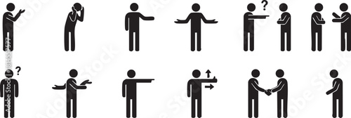 Stick figures illustrating human communication, social interaction, gestures, and emotions, including discussion, questioning, and agreement