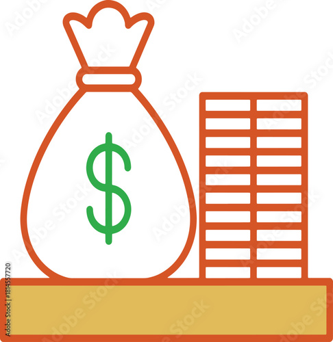 Line art icon representing a money bag with a dollar sign next to a stack of coins
