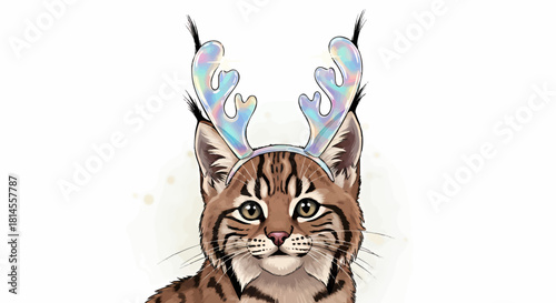 A charming illustration of a bobcat wearing a festive reindeer antler headband, looking forward.