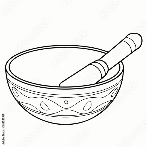 Black and white illustration of a singing bowl with a striker featuring intricate patterns