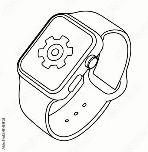 Line drawing of a smartwatch featuring an automation gear symbol on the screen
