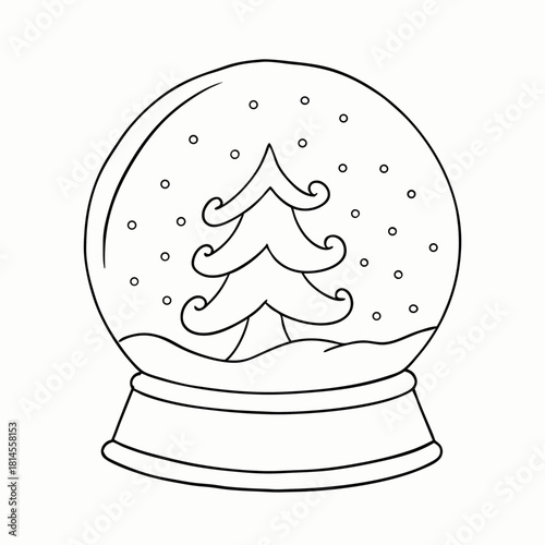Outline illustration of snow globe with christmas tree and falling snowflakes