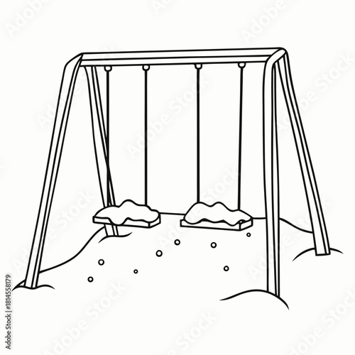 Snow-covered swing set in winter playground with snowdrifts