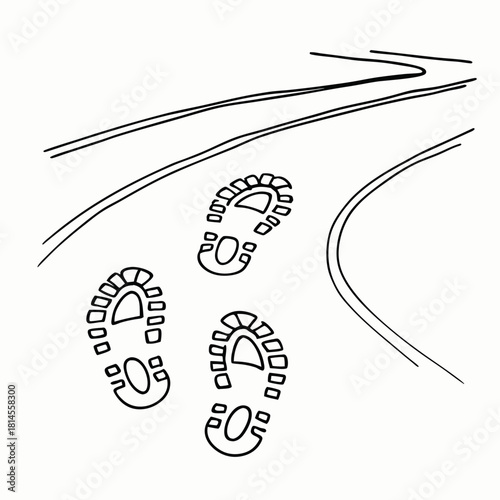 Outline of footprints on snowy trail with path curves captured in minimalist style