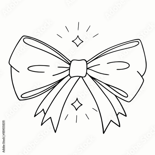 Black and white illustration of a sparkly bow tie with shining stars and simple lines