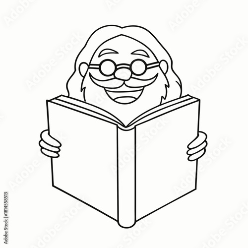 Santa claus reading a book with glasses for holiday season in black and white illustration