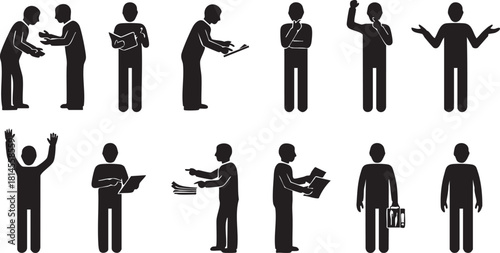 Black stick figures illustrating diverse human actions, communication, and business scenarios, such as discussion, presentation, and work