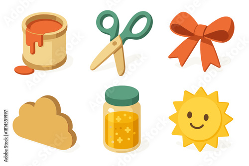 Craft Tools Icons. Homemade Fun flat icon set : paint pot, craft scissors, ribbon bow, cardboard shape, glitter jar, smiling sun