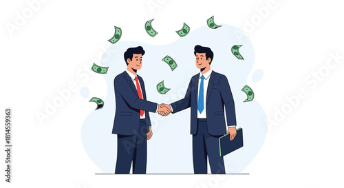 Two successful businessmen in suits making a deal and shaking hands with money flying around them on a white background.