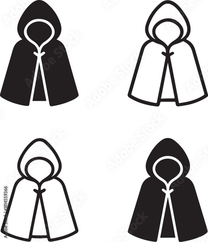 Isolated Hooded Robe Cloak, Hooded Robe Cloak icon, traditional Hooded Robe clothing, cultural attire, heritage dress, black vector fashion symbol, mystical costume design for buyers