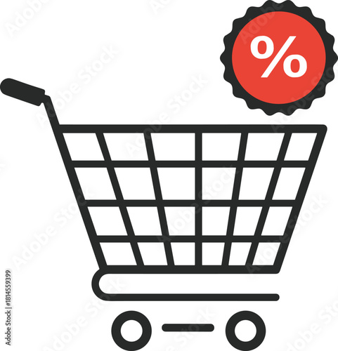 Shopping cart discount icon with red percentage badge in clean line style, perfect for ecommerce, promotions, retail sales and marketing designs