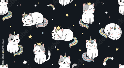Seamless pattern with adorable cartoon caticorns which are cats with unicorn horns sleeping among stars on a dark background.