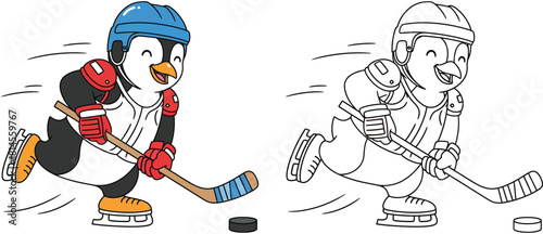 Cute cartoon penguin playing ice hockey vector illustration with black and white outline version for coloring book or educational design