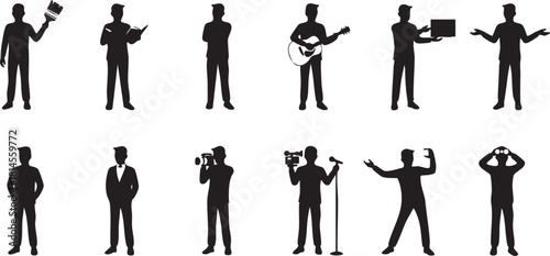 Vector silhouettes of men engaged in various professions and activities, including artist, musician, business professional, and media creator