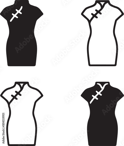 Isolated Cheongsam China, Cheongsam China icon, Chinese Cheongsam clothing, traditional attire, cultural dress, black vector fashion symbol, elegant costume design for buyers