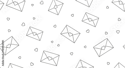 Simple seamless black and white pattern with hand-drawn love letters in envelopes and small hearts for Valentine's Day designs.