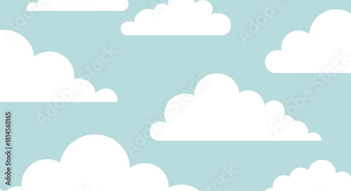 Simple and peaceful seamless pattern of fluffy white clouds on a calm light blue sky for a nursery or children's room design.