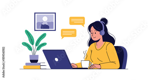 Young woman with headphones working from home or studying online at her desk with a laptop and a cup of coffee illustration.