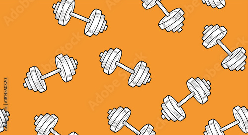 Seamless repeating pattern of hand-drawn gym dumbbells for fitness and weightlifting on a bright orange background vector illustration.