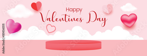 Minimalist Valentine’s Day horizontal banner with elegant hearts, romantic typography, love theme layout for social media cover, greeting cards, and website header template with 3d podium stage